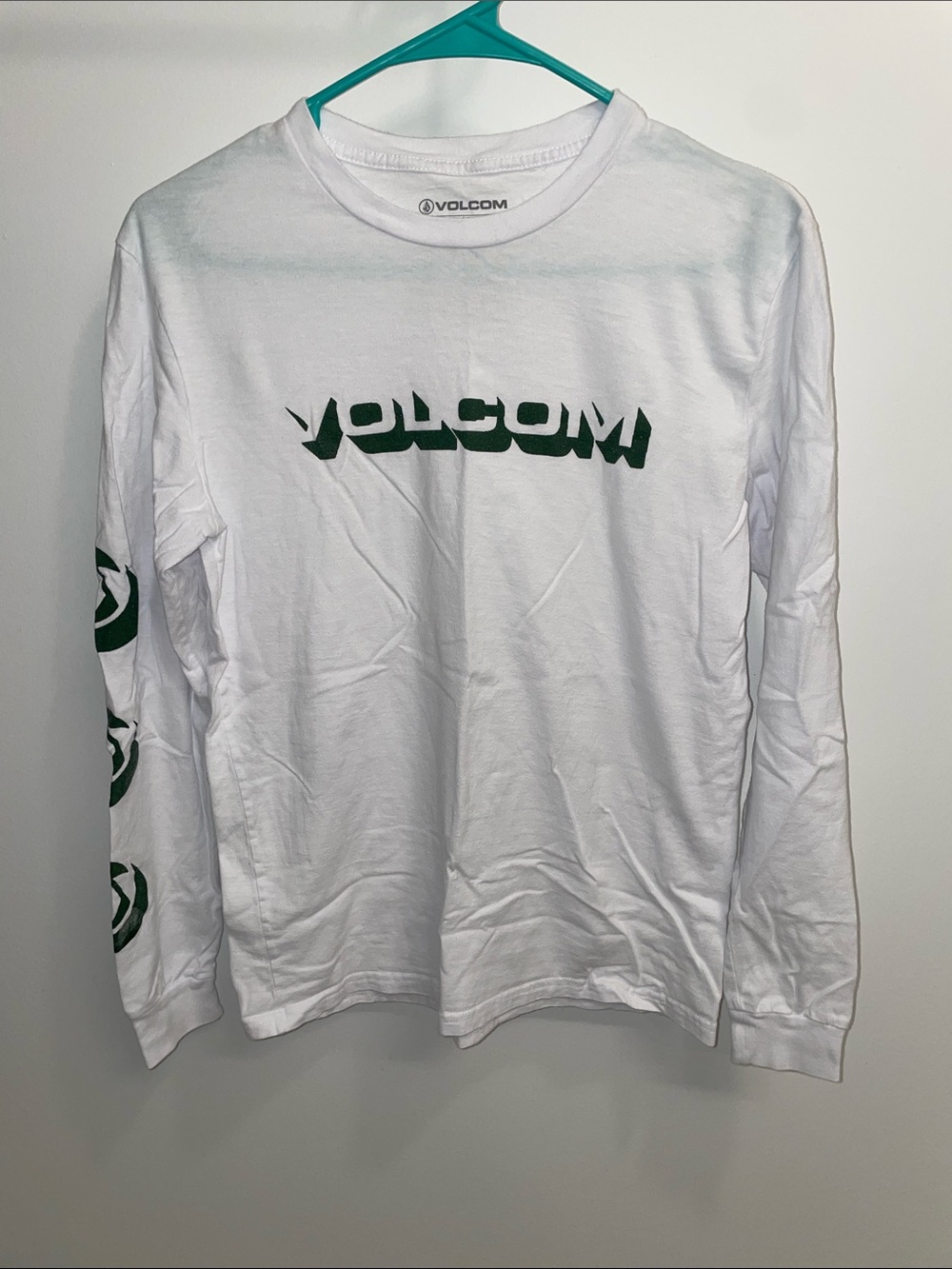 Volcom White Long Sleeve Shirt with Green Logos